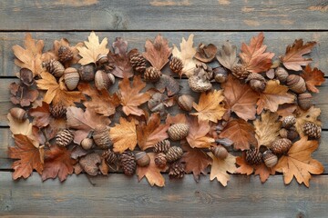 A creative flat lay of dried autumn leaves and acorns arranged on a wooden background