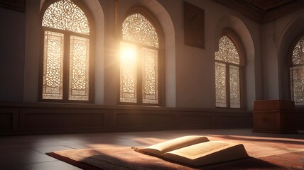 Quran in the mosque and sunlight falling from the window,Generative Ai
