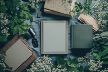 A creative flat lay of e-reader accessories: cover, charger, and bookmarks arranged aesthetically