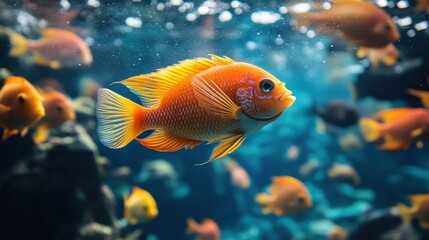 Fototapeta premium Vibrant orange fish swimming gracefully among colorful aquatic life in a serene underwater scene