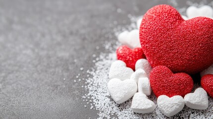 Fototapeta premium Red and white heart-shaped candies arranged on sugar crystals over a grey textured background.