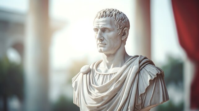 Marble bust depicting the iconic Roman Emperor Julius Caesar showcasing his powerful and authoritative presence against a blurred background