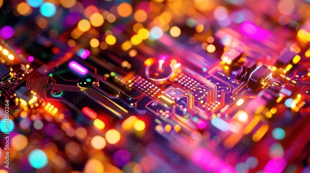 Poster neon circuit board: a vibrant close-up showcasing the intricate details and glowing pathways of a fu