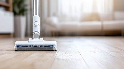 Vacuum cleaner cleaning hardwood floor in bright living room