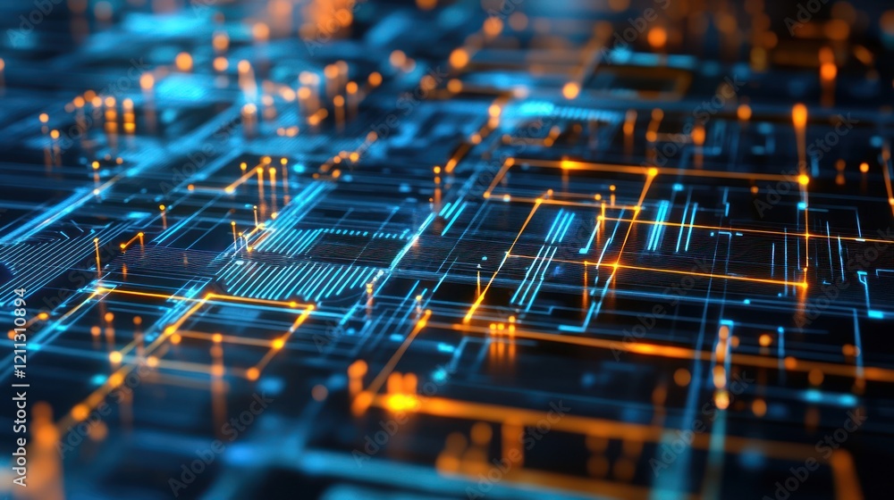Poster abstract digital circuitry: a glowing network of data flow