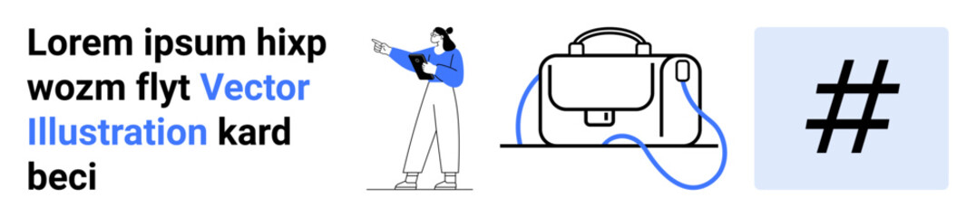 Text block, character pointing, handbag, and metadata tag icon. Ideal for digital marketing, social media, branding, advertising, e-commerce, educational content, web design. Landing page