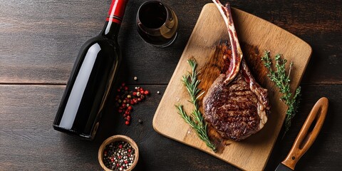 Juicy grilled ribeye steak, wooden cutting board, rustic table setting, cast iron pan with bread, aromatic herbs, pepper grinder, wine bottle, moody lighting, dark background, food photography, high c