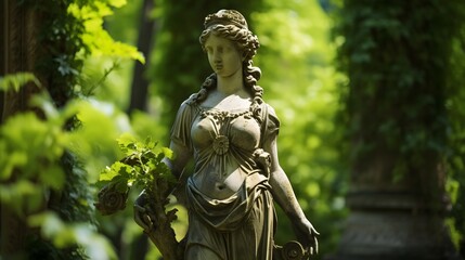 Obraz premium Impressive Statue of a Regal Roman Goddess Holding a Ceremonial Staff Situated in an Ornate and Lush Garden Setting with Architectural Elements