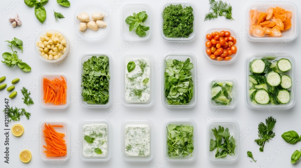 Poster minimalist frozen meal organization sleek container layout with fresh herbs and utensils - efficient