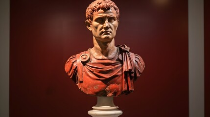 A magnificent Roman bust sculpture displayed on a pedestal in a sophisticated art gallery showcasing the grandeur and elegance of classical antiquity
