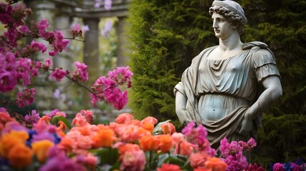 Majestic Roman statue standing tall amidst a stunning display of colorful blooming flowers in a well maintained formal garden setting