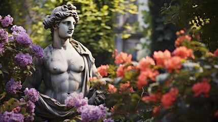 A stately Roman statue stands resplendent amidst a lush formal garden filled with an array of colorful flourishing flowers in this serene and picturesque scene