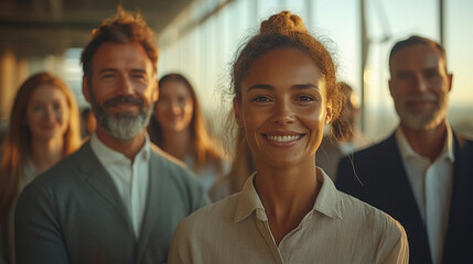 Obraz premium Diverse group of smiling professionals in business casual attire, standing together in a modern, sunlit office space