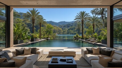 Fototapeta premium Luxury Lakefront Villa with Infinity Pool and Mountain Views