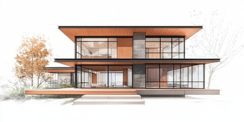 Modern Two Story House Architectural Design Sketch