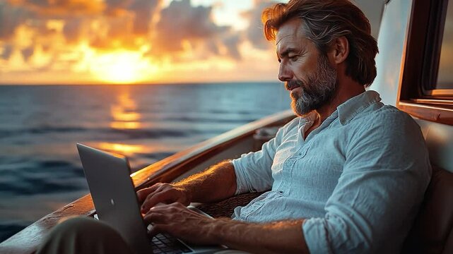 Digital Nomad at Sunset: A mature man with a beard works on his laptop, enjoying the breathtaking sunset over the ocean from a boat.  The scene evokes a sense of freedom, success, and remote work.