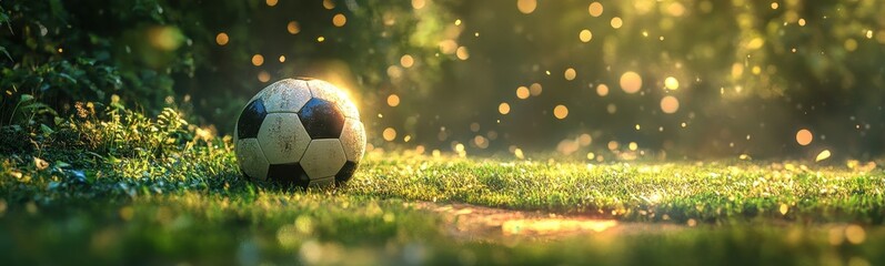 Naklejka premium Soccer Ball on Grassy Field at Sunset