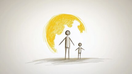 Expressive drawing, man and child under a radiant sun drawing