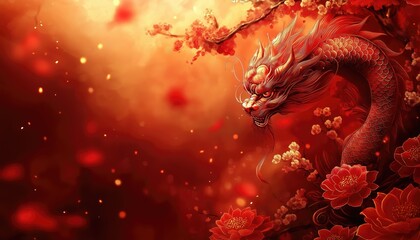 Lunar New Year Dragon in Red with Flowers Illustration