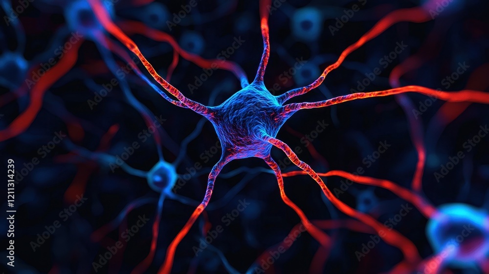 Poster a vibrant depiction of a neuron showcasing its intricate structure with glowing blue and red connect