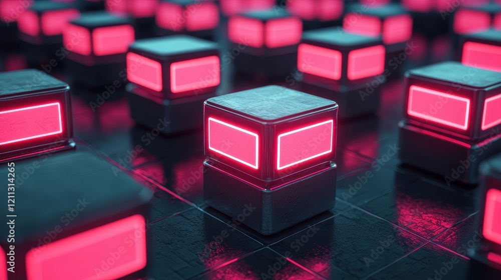 Aufkleber an abstract arrangement of glowing cubes with vibrant pink highlights on a dark surface, creating a 