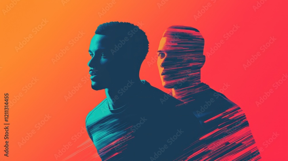 Poster a vibrant, artistic representation of two figures, emphasizing contrast and motion through color and