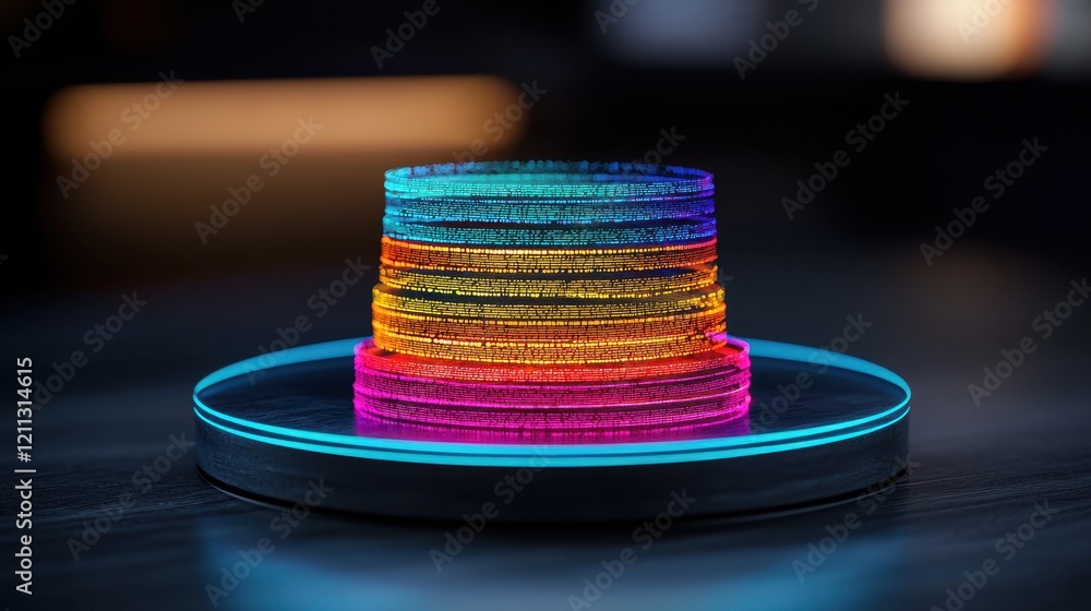 Poster a vibrant, multi-colored stack of transparent discs illuminated by glowing edges, resting on a circu