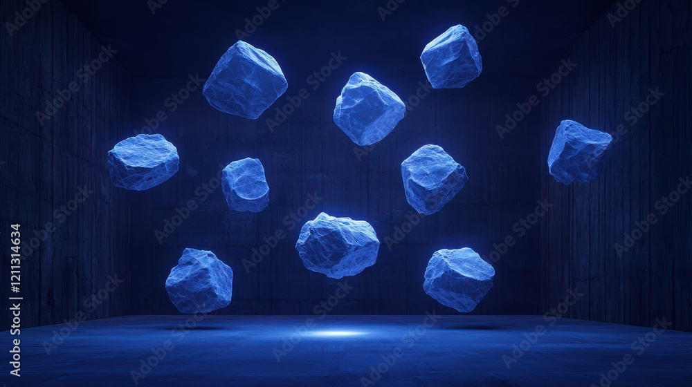 Aufkleber a futuristic scene featuring floating blue rocks in a dark, illuminated environment, creating a sens