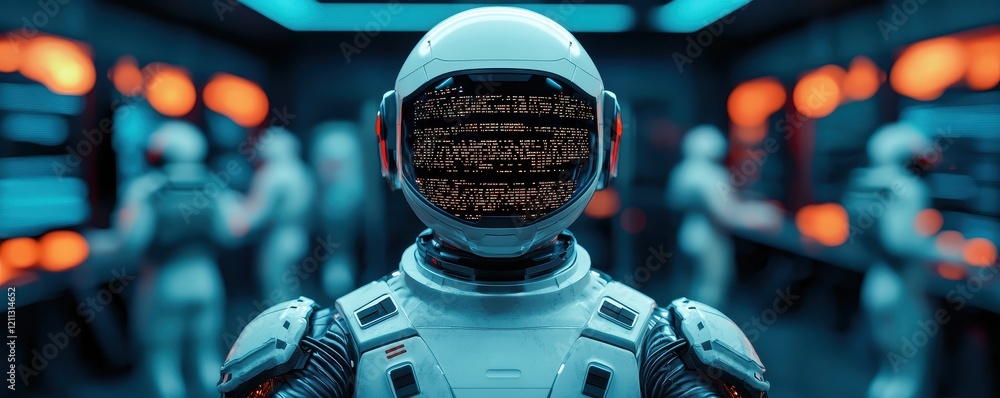 Poster a futuristic astronaut with a digital screen instead of a face stands in a high-tech environment fil