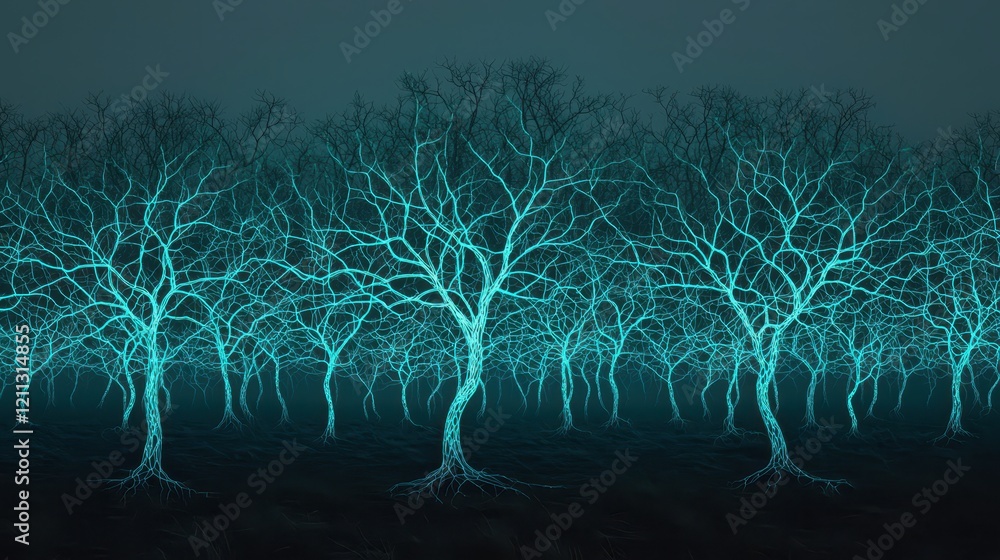 Poster a surreal landscape of luminescent trees with glowing branches, creating an ethereal and otherworldl