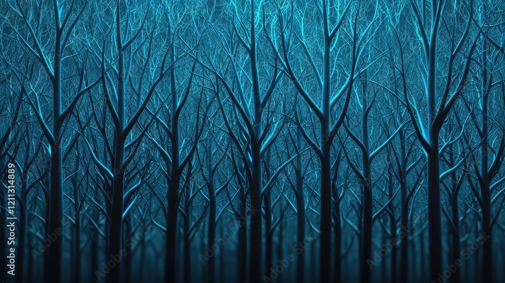 Poster a serene, dark forest scene with bare trees set against a gradient blue background, creating an ethe