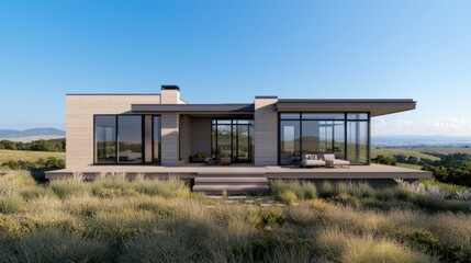 Fototapeta premium Modern House with Stunning Panoramic View Lush Green Grassy Landscape