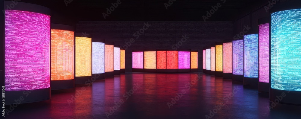 Poster a vibrant installation featuring illuminated panels in various colors, creating a stunning visual di