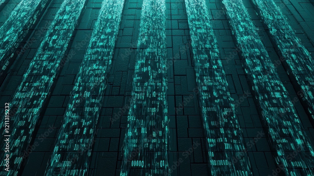 Poster a digital abstract image featuring vertical lines of glowing binary code, creating a futuristic, tec