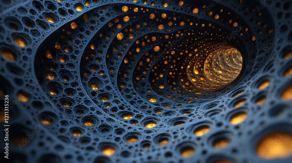 Poster a mesmerizing tunnel of blue holes spiraling inward, illuminated by warm golden light, creating a su