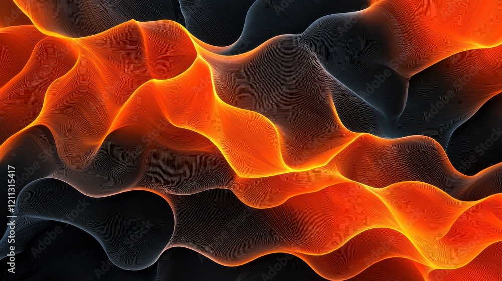 Poster a vibrant, abstract image featuring flowing waves of orange and black, evoking warmth and energy thr