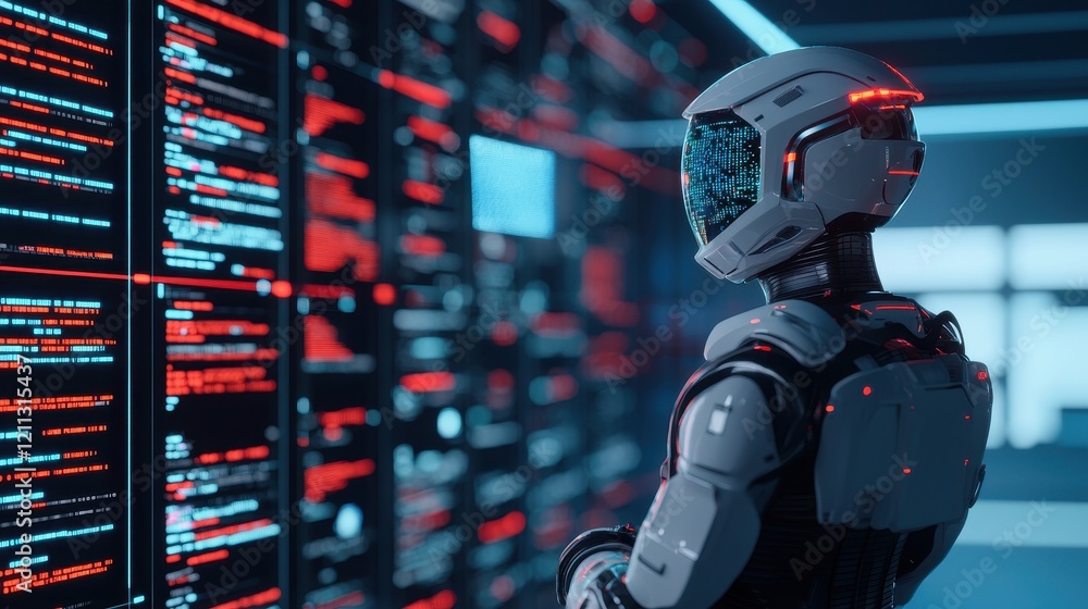 Poster a futuristic robot stands before a wall of glowing code, embodying the intersection of technology an