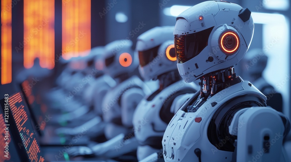Poster a row of humanoid robots with glowing features sits in front of screens, showcasing advanced technol
