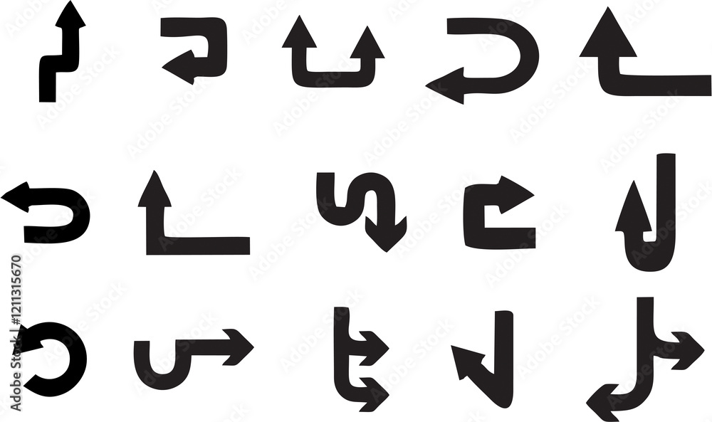 Poster multiple style and turn arrow set isolated on white background. traffic turn symbols and direction i