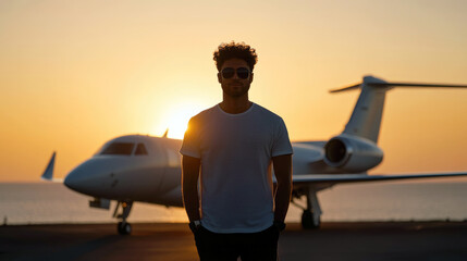 Man & Private Jet: A confident and stylish man stands before a sleek private jet, silhouetted against the fiery hues of a breathtaking sunset. The scene exudes an air of luxury and success.