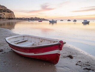 Photo of a small red and white boat on the beach at sunset in Alicante, Spain. The sky is reflected on the calm water with boats floating in the background