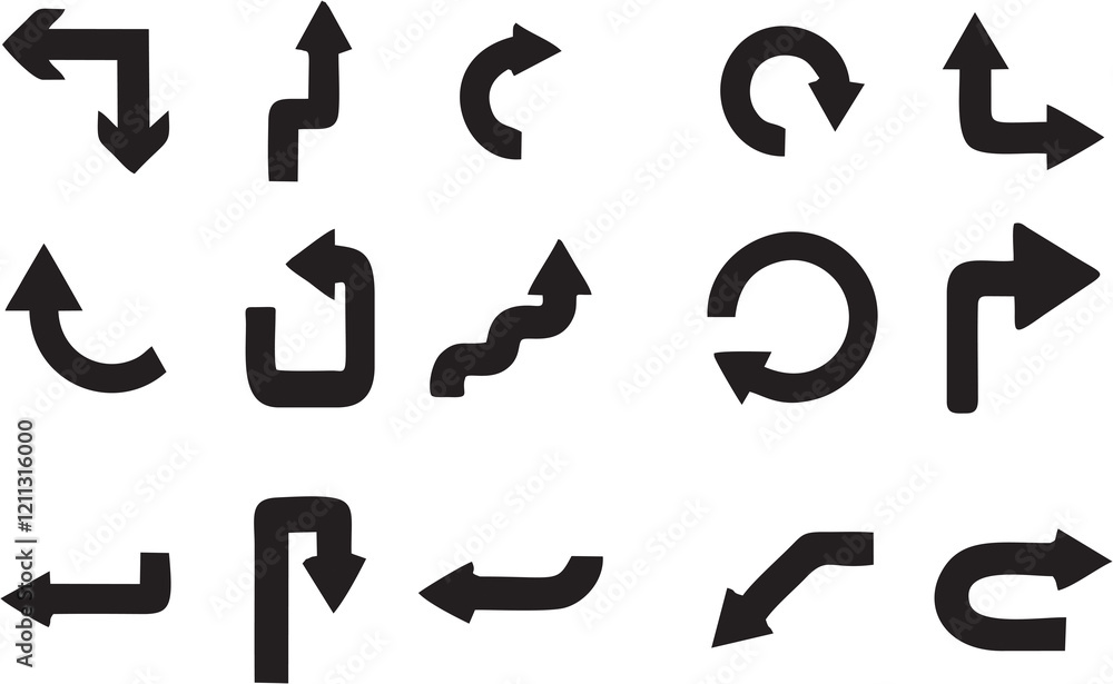 Poster multiple style and turn arrow set isolated on white background. traffic turn symbols and direction i