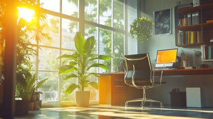 A bright and airy office setup with large windows, a potted plant near a chair, and natural light creating an open and relaxing work environment.