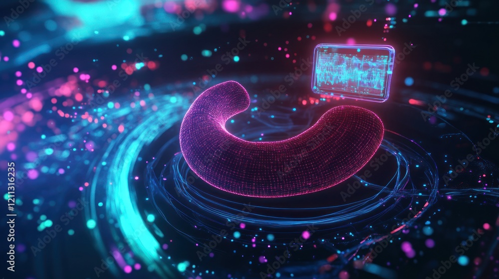Poster abstract digital art: glowing 3d structure with data visualization