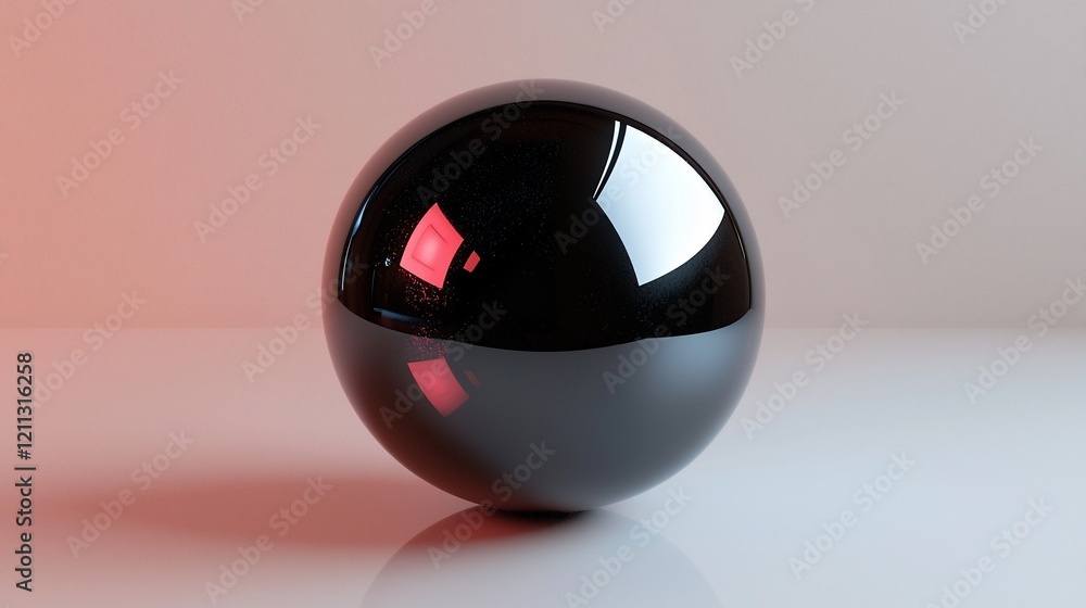 Poster reflective black sphere on white background with red light reflection.