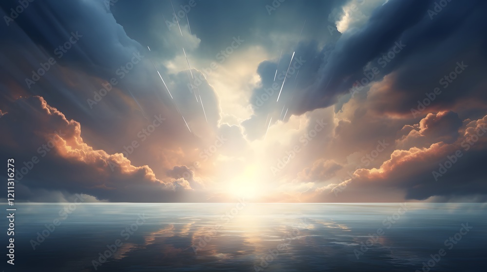 Poster dramatic sky with powerful rays of sunlight breaking through majestic clouds creating a captivating 