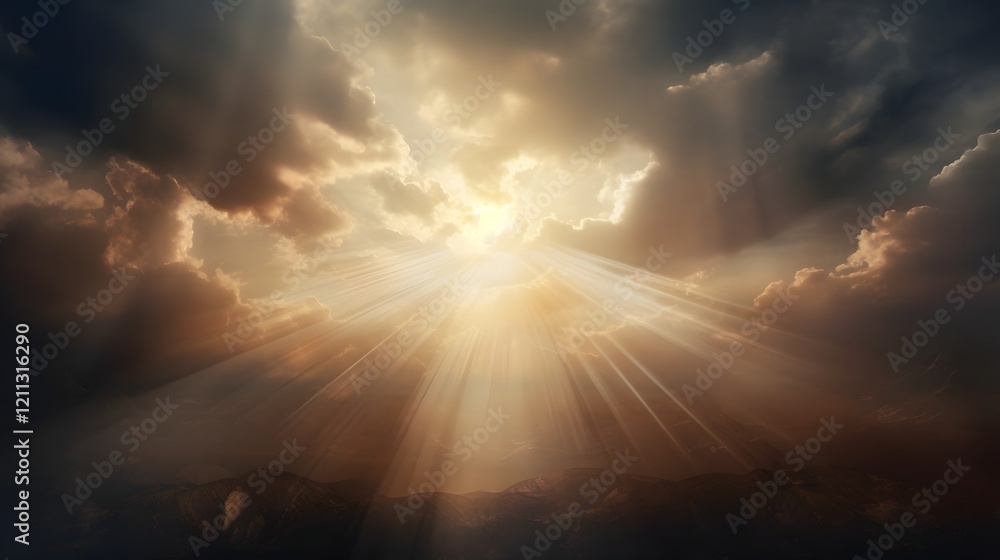 Poster dramatic and captivating sky landscape with rays of sunlight dramatically breaking through overcast 