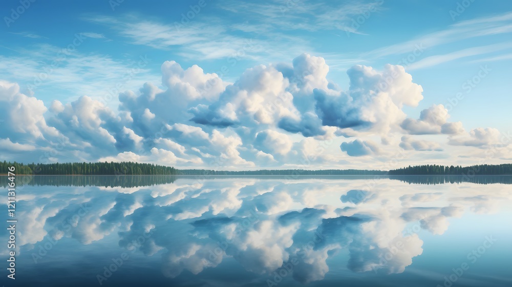 Poster serene mirrored landscape reflected in a tranquil lake beneath a partly cloudy sky creating a peacef