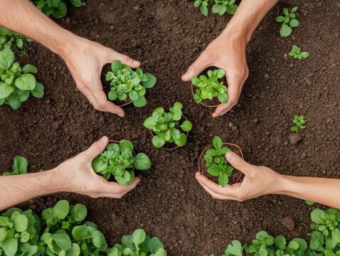 Organic Gardening Hands Close-Up of Seedling Planting in Rich Soil - Eco-Friendly Content for Gardening Tutorials and Sustainable Living Outreach