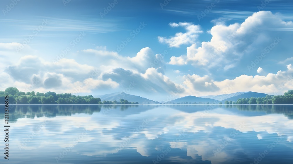 Aufkleber peaceful and tranquil scene of a calm lake reflecting the partly cloudy sky above creating a serene 